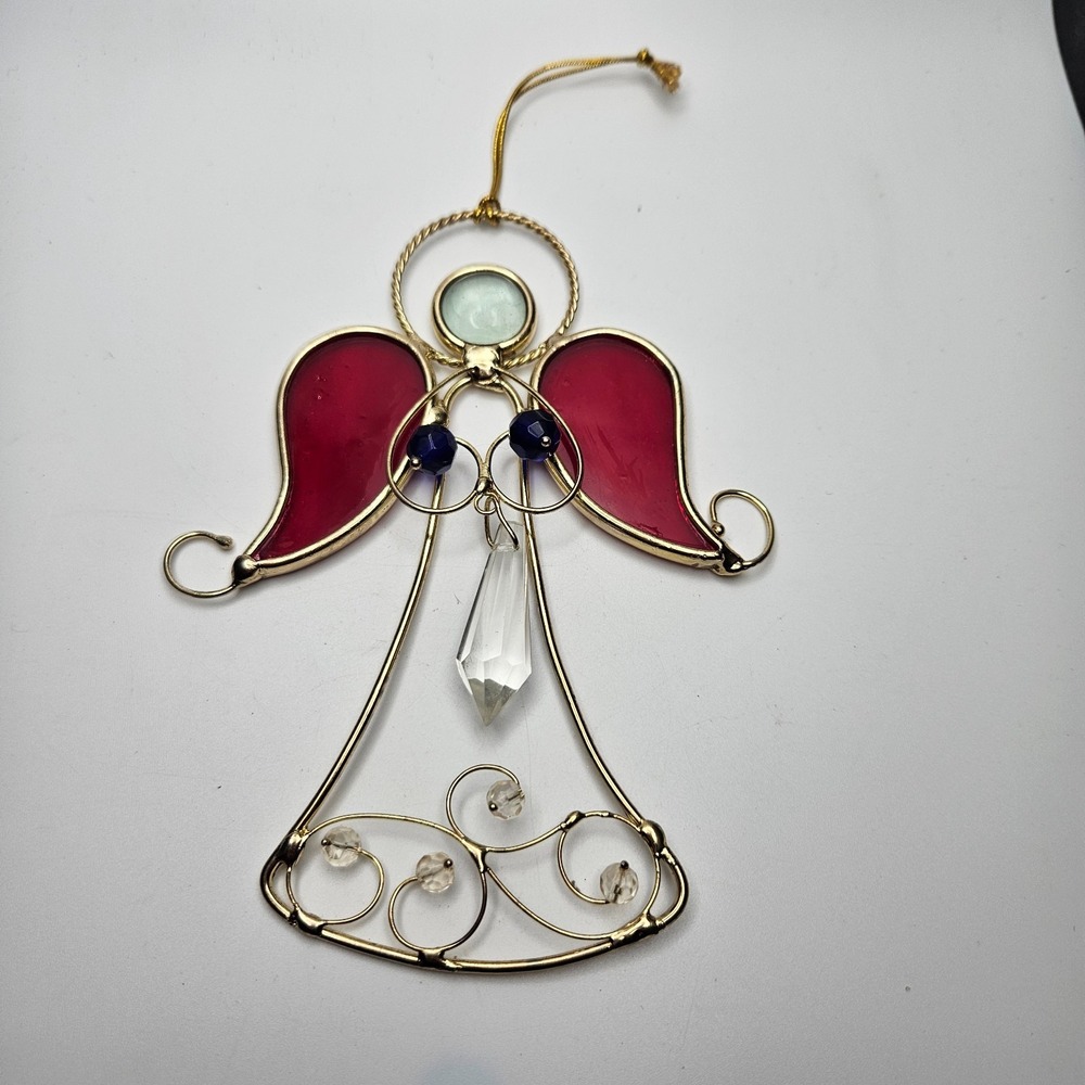 Stained Glass Style Angel Suncatcher Ornament Red‎ Wings Crystal Accent